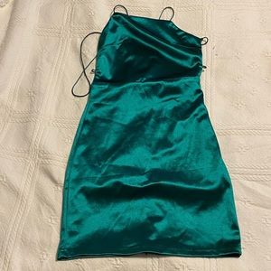 Emerald Green Satin Holiday Party Dress NWT Pretty Little Thing Corset Strappy